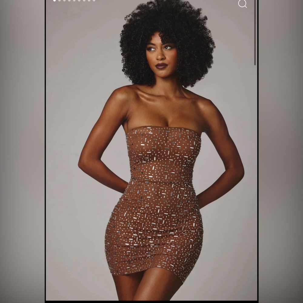 Sheer Embellished Bodycon Mini Dress in Mocha